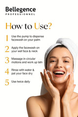 Bellegence Professional skincare product usage guide with a woman applying face wash.